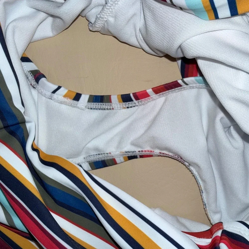 Anne Cole Striped One Piece Swimsuit Square Neck Back Tie Womens‎ Size 12